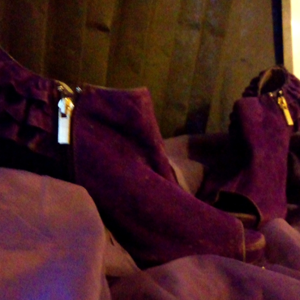 Purple suede ruffle gold zipper Bootie open Toe